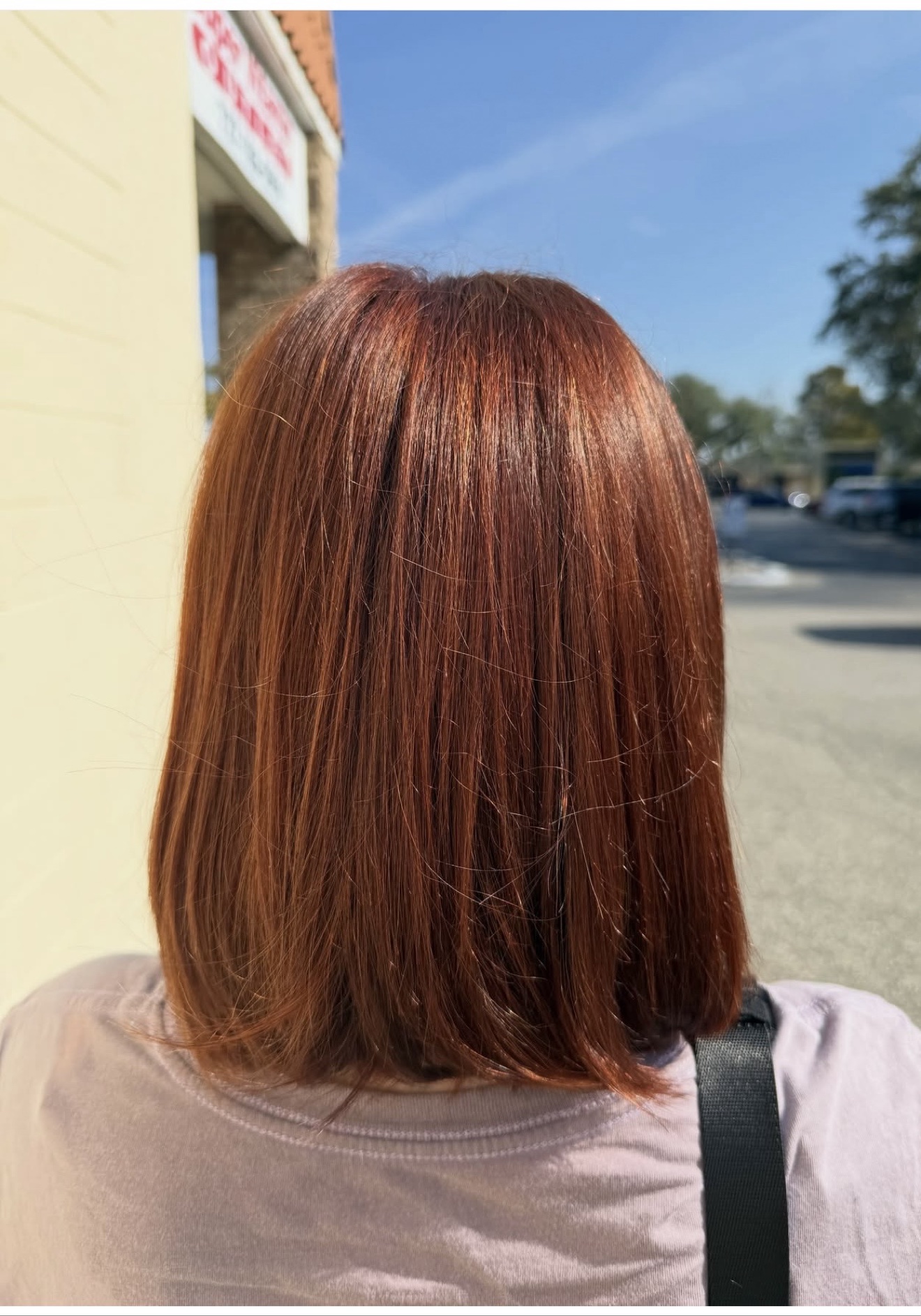 Sleek copper red bob haircut in the sunlight, back view, by Heather at D&H Hair Company
