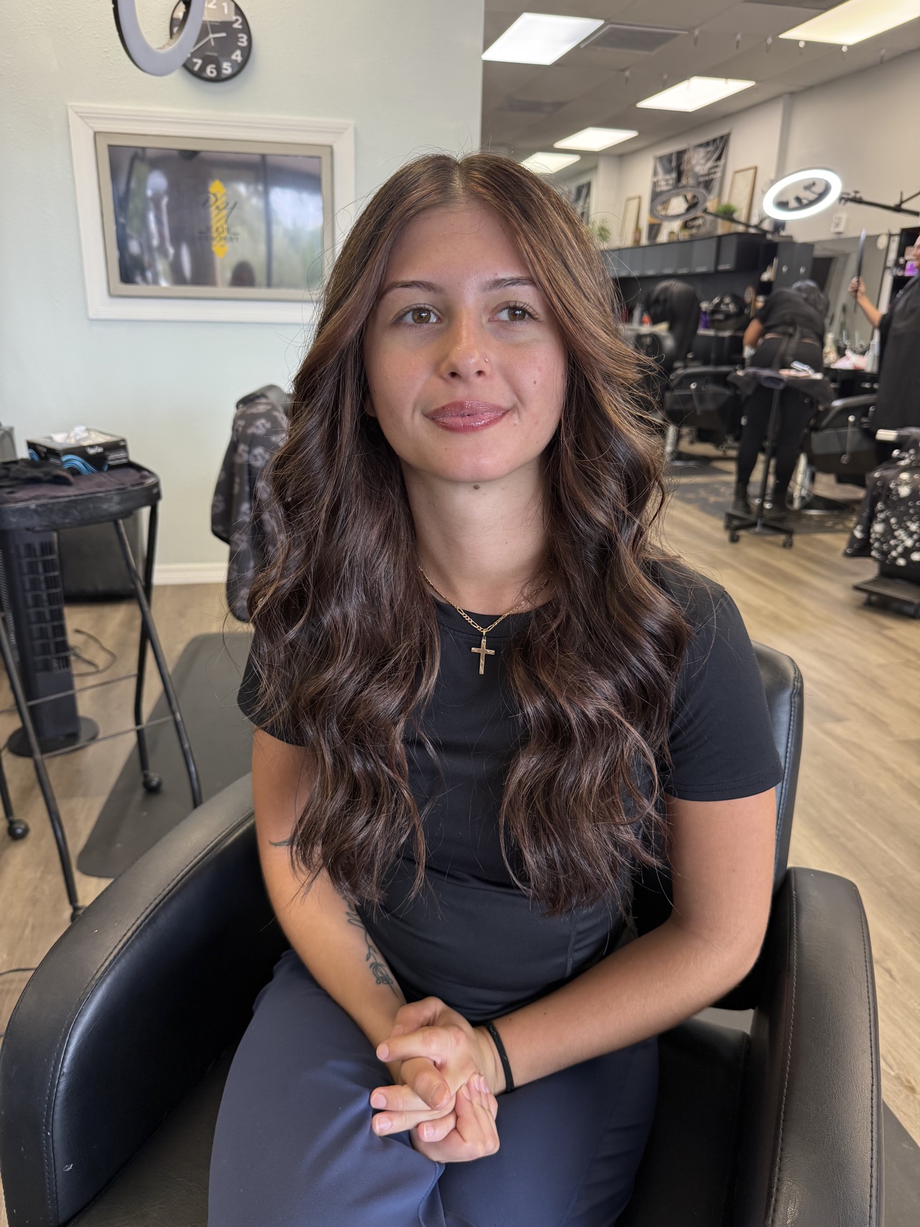Long dark brown hair with soft waves, front view, by Heather at D&H Hair Company