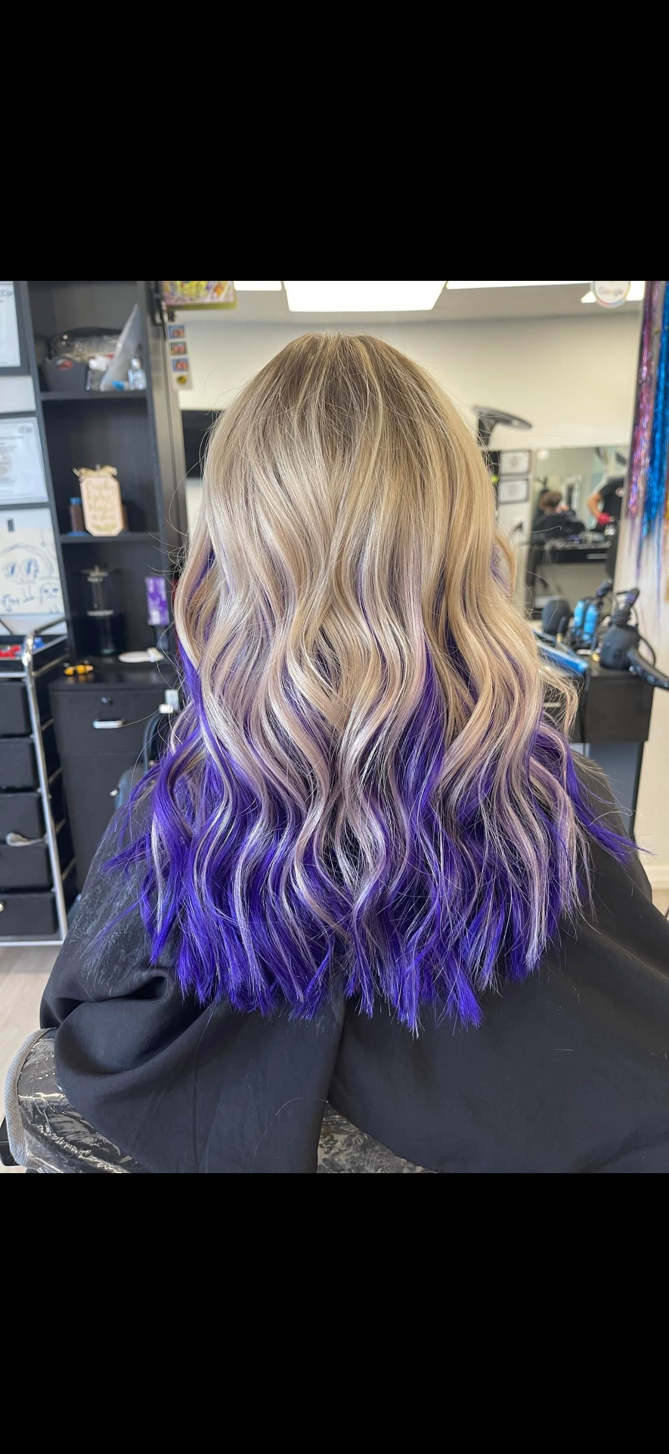 Platinum blonde hair with vivid purple peekaboo color, back view, by Heather at D&H Hair Company