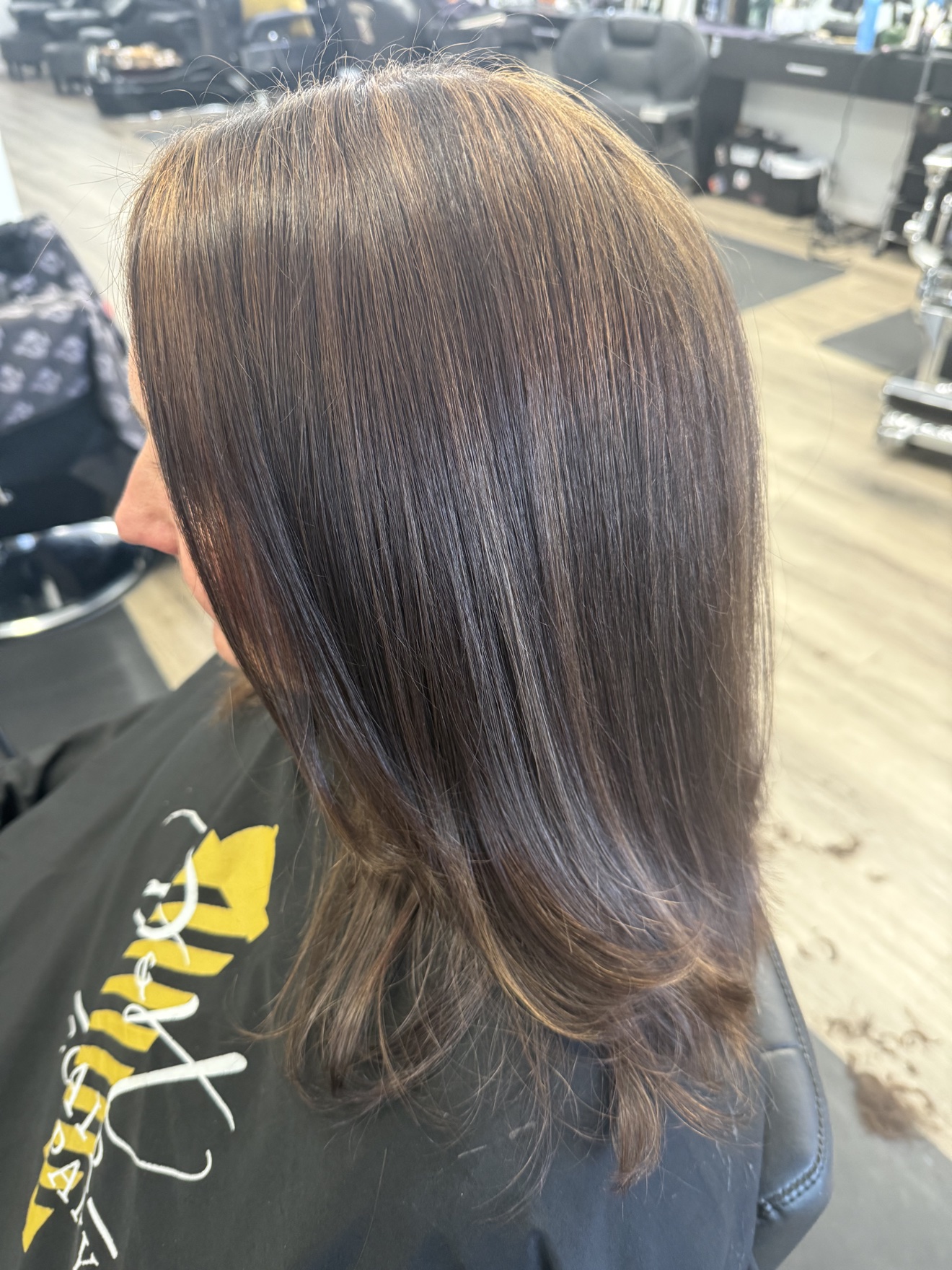 Smooth straight dark brown hair with a soft shine, back view, by Heather at D&H Hair Company