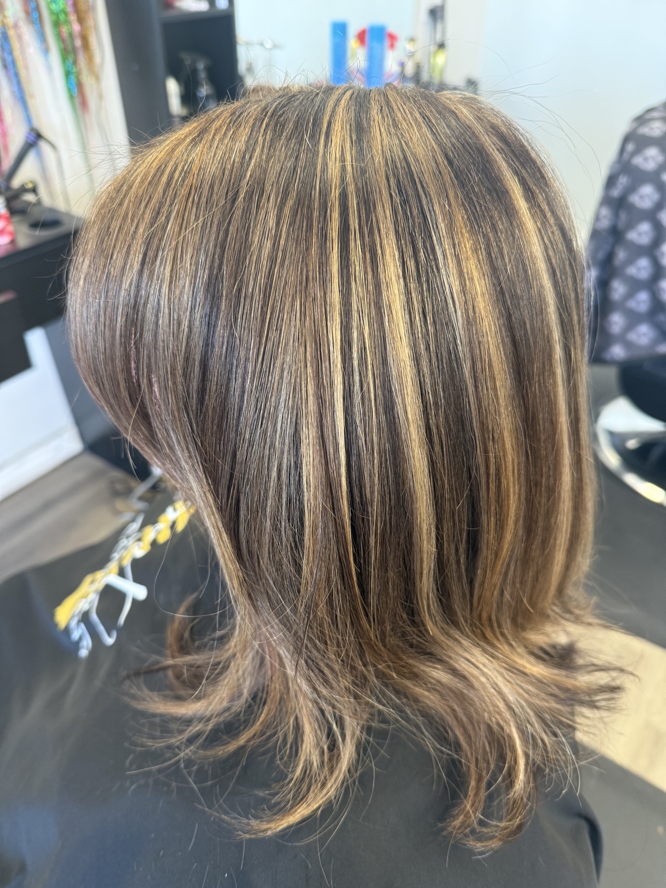 Brunette hair with caramel highlights, back view, by Heather at D&H Hair Company