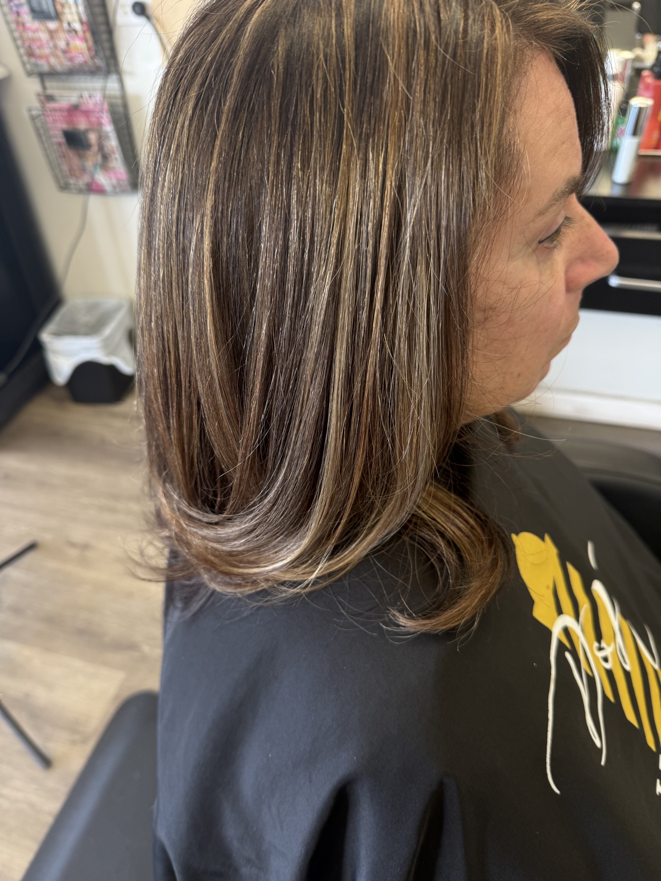 Brunette hair with caramel highlights, side view, by Heather at D&H Hair Company
