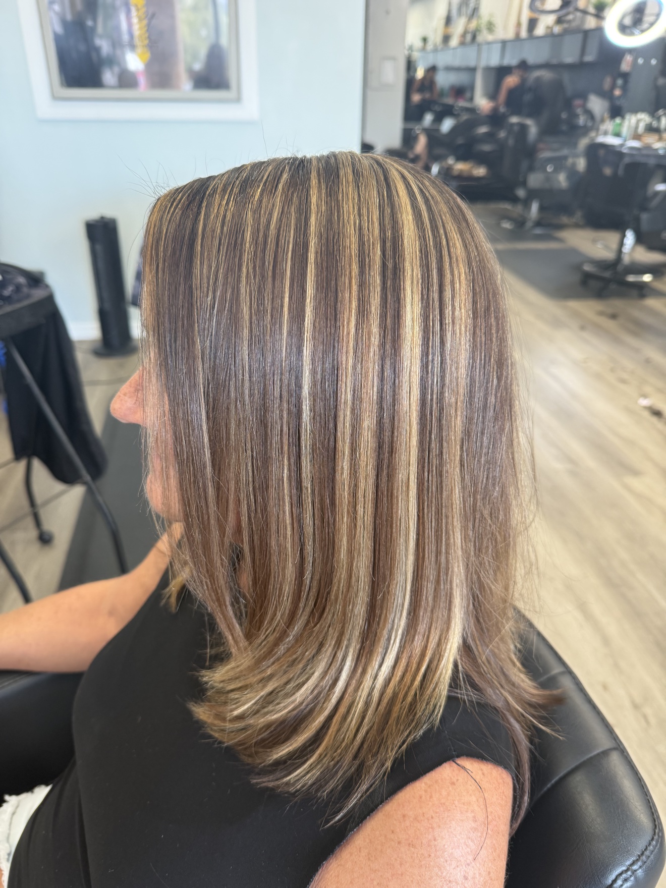 Brunette hair with caramel highlights, side view, by Heather at D&H Hair Company