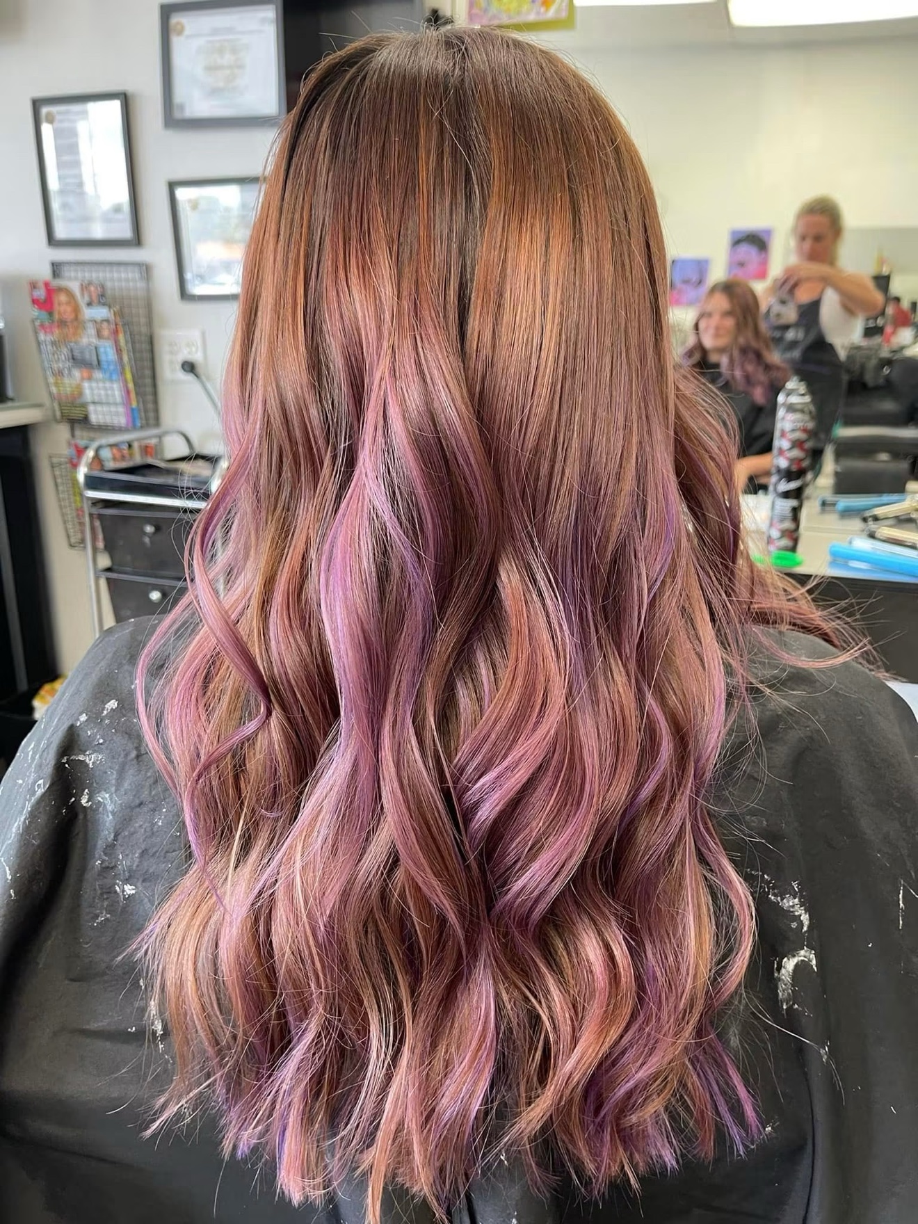 Wavy hair with pink tones, back view, by Heather at D&H Hair Company