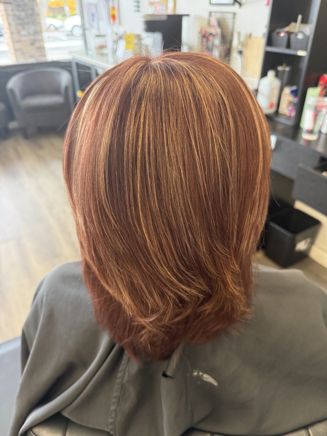 Layered copper haircut, back view, by Heather at D&H Hair Company