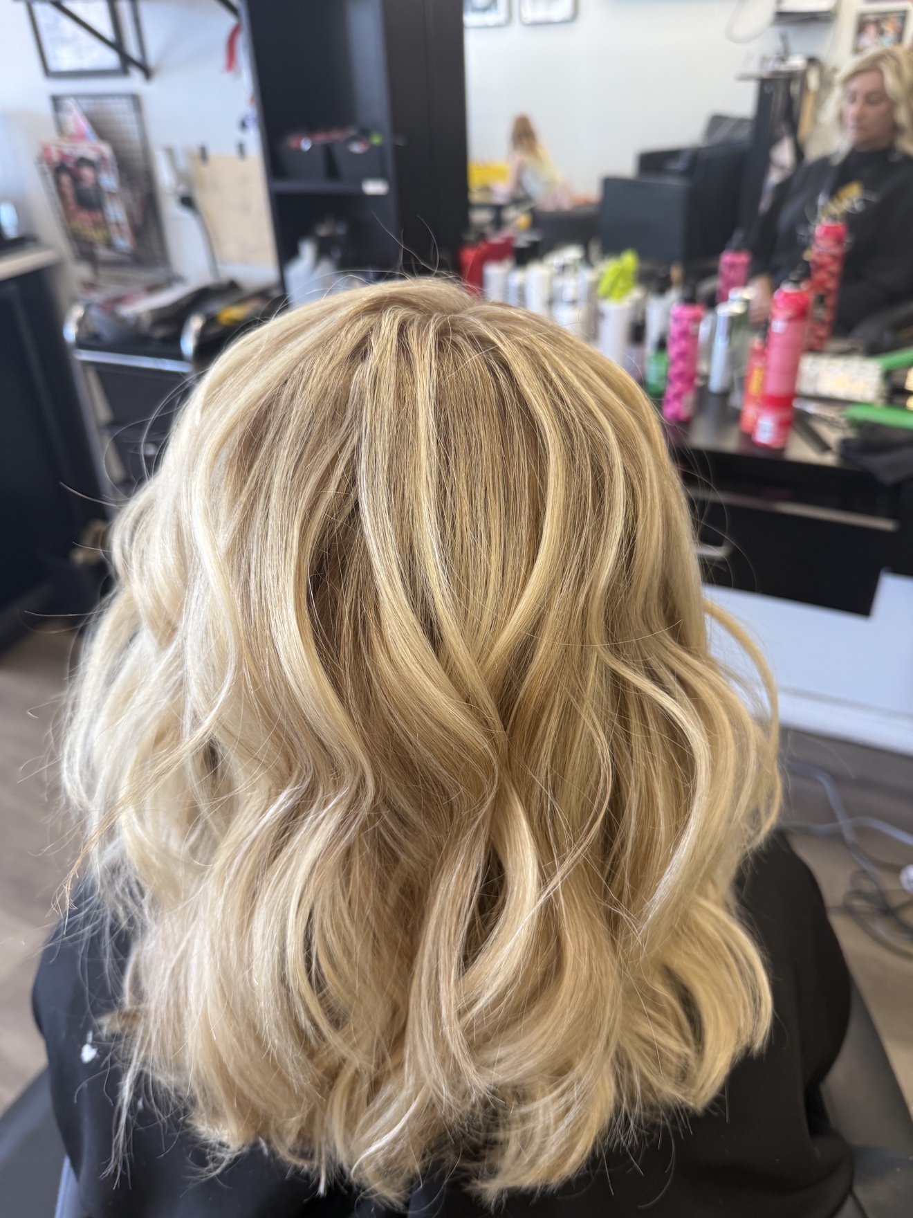 Wavy golden blonde hair, back view, by Heather at D&H Hair Company