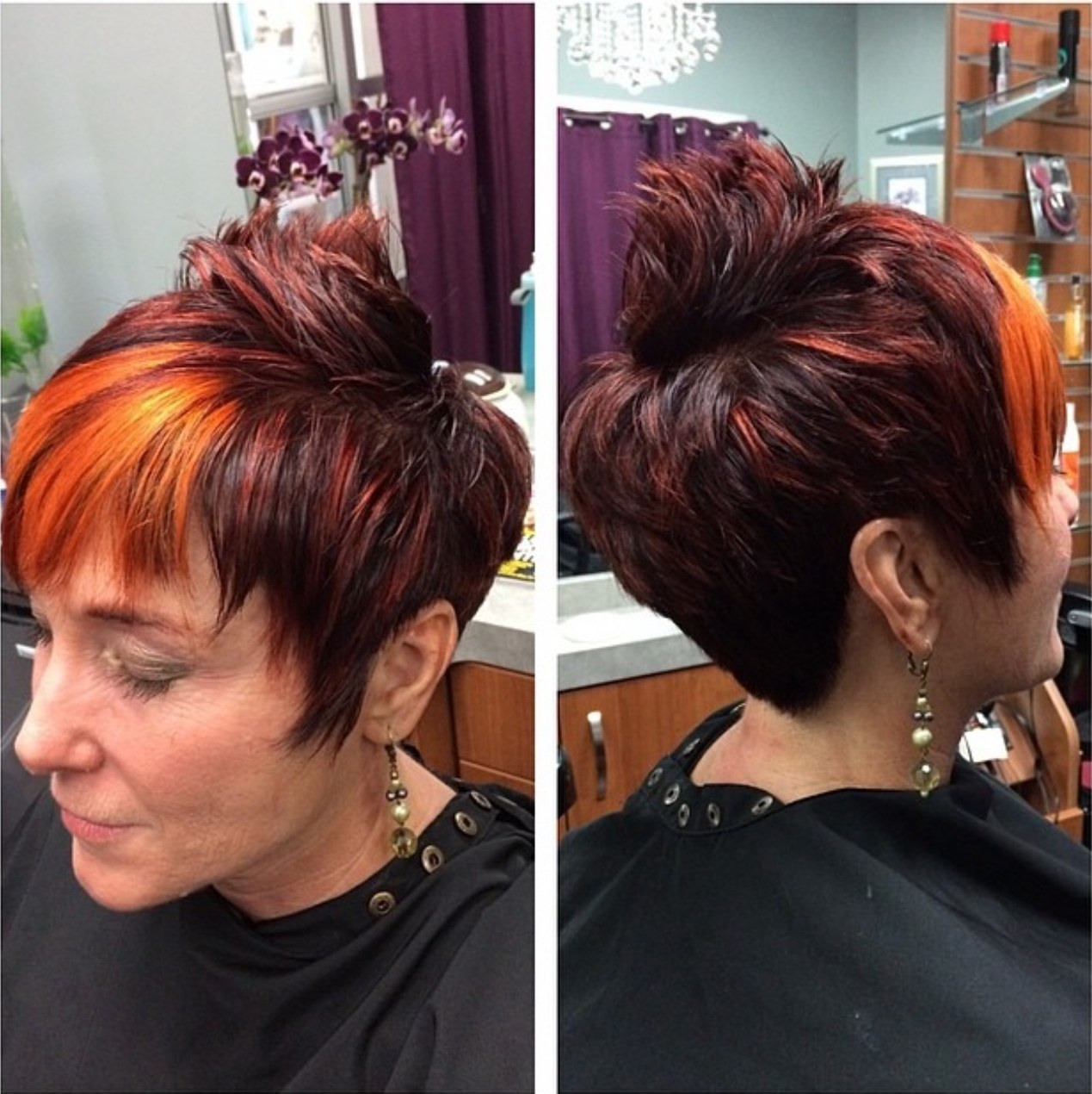Short red and orange pixie cut, front and back views, by Heather at D&H Hair Company