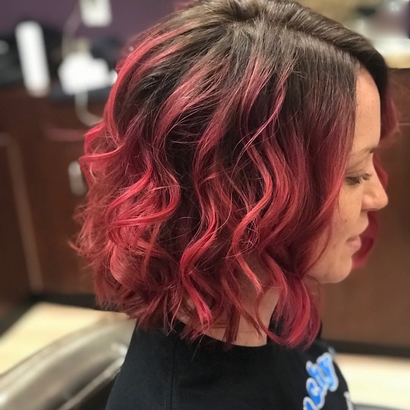 Pink wavy bob, side view, by Heather at D&H Hair Company