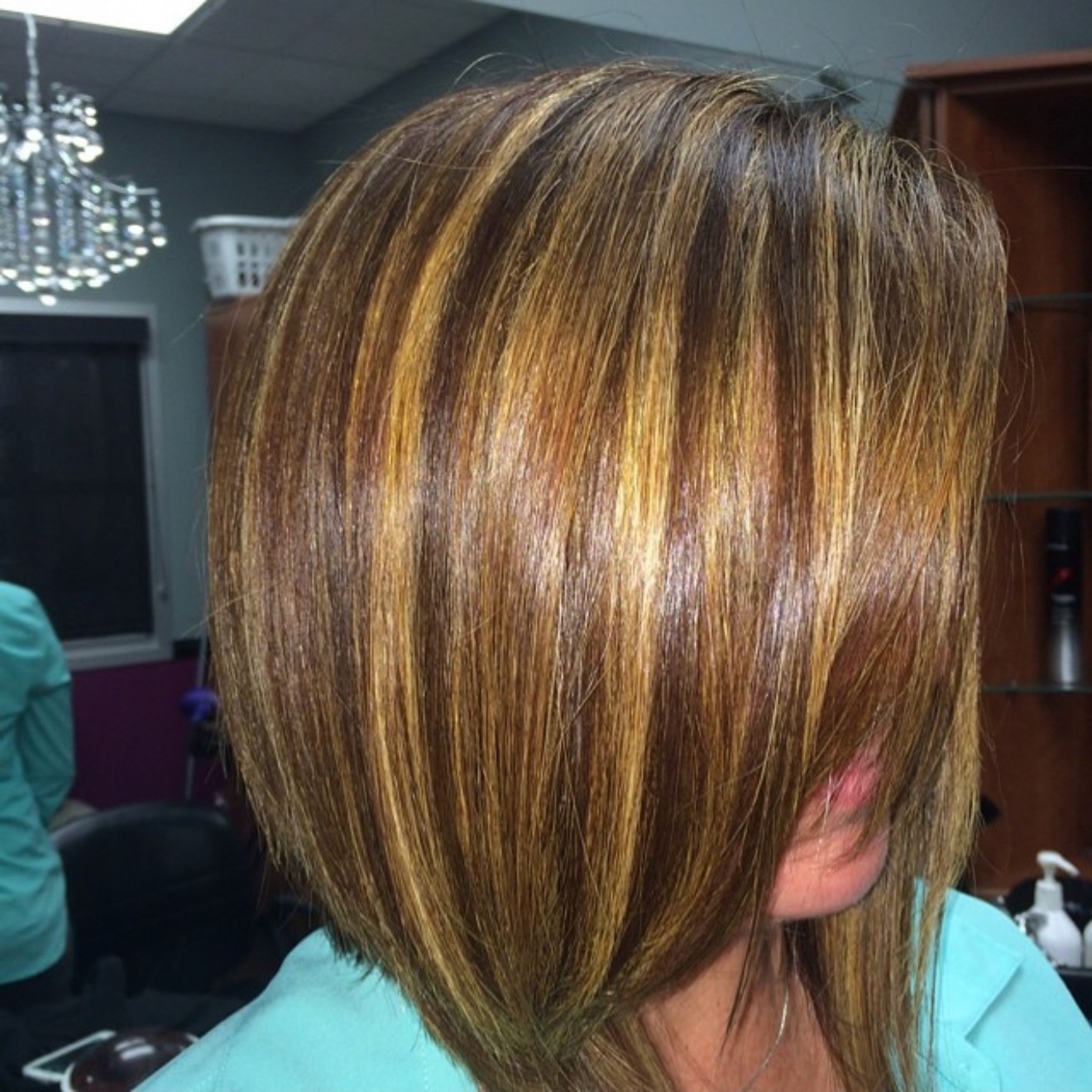 Highlighted caramel bob, back view, by Heather at D&H Hair Company