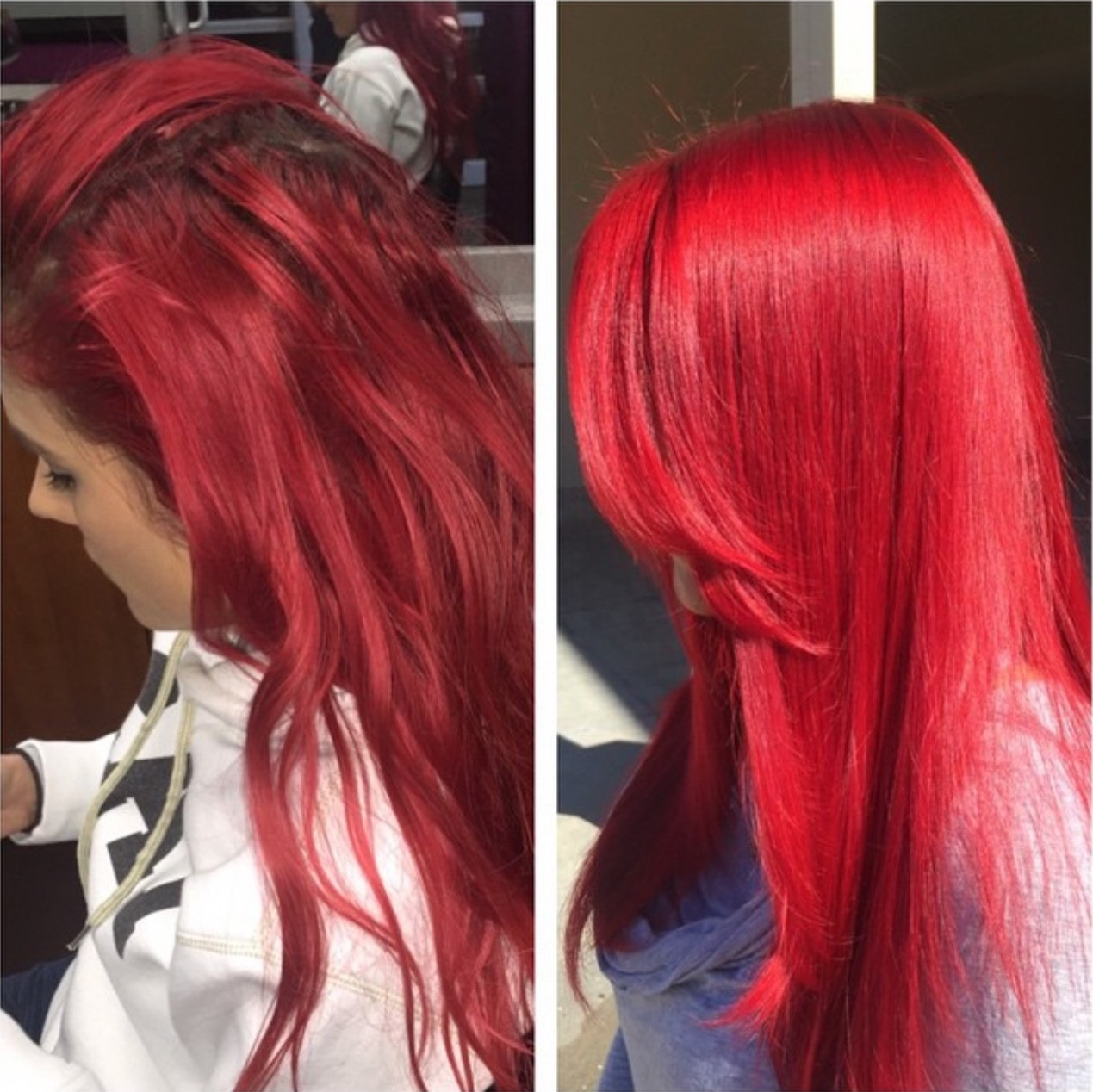 Long bright red hair, side and back views, by Heather at D&H Hair Company