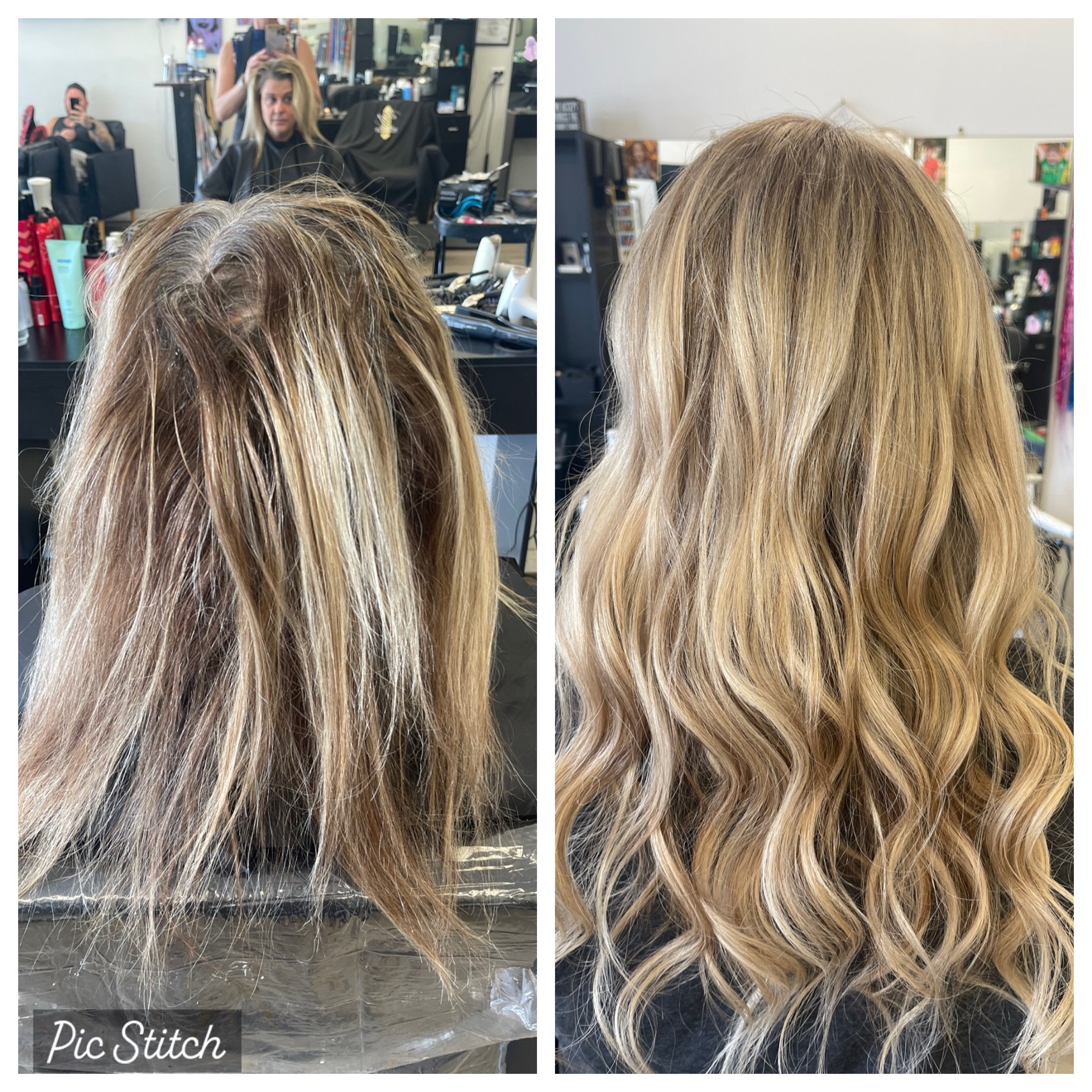 Blonde hair extensions before and after transformation, by Heather at D&H Hair Company