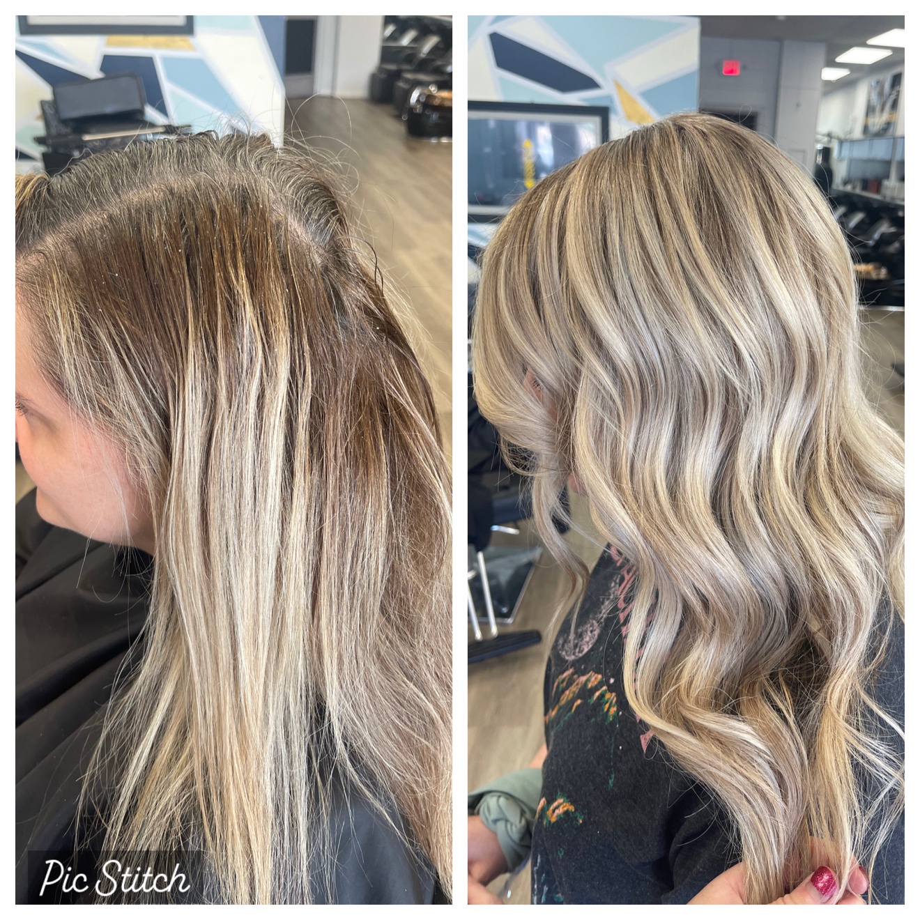 Blonde hair extensions before and after transformation, side view, by Heather at D&H Hair Company