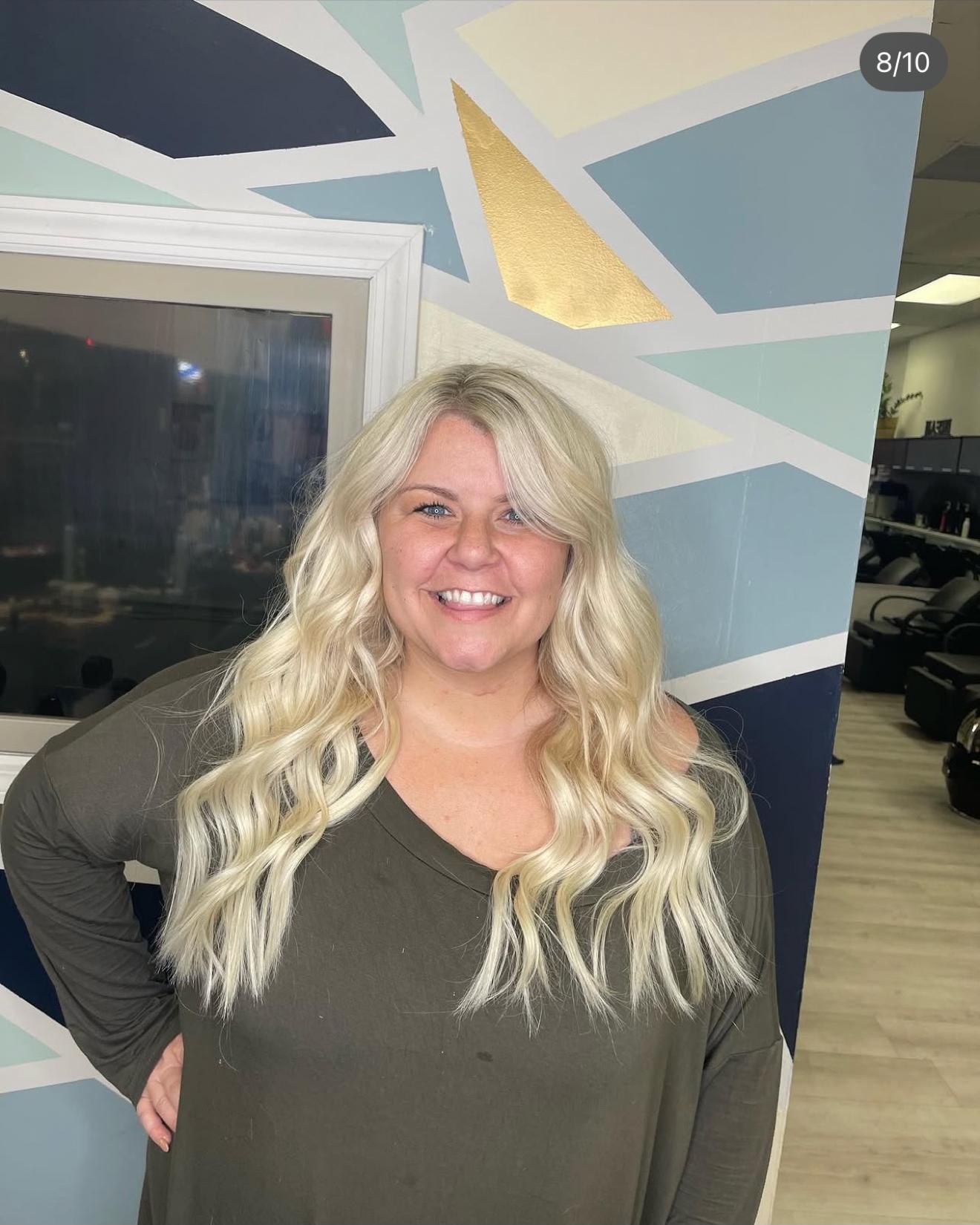 Platinum blonde hand-tied hair extensions with soft waves, front view, by Heather at D&H Hair Company