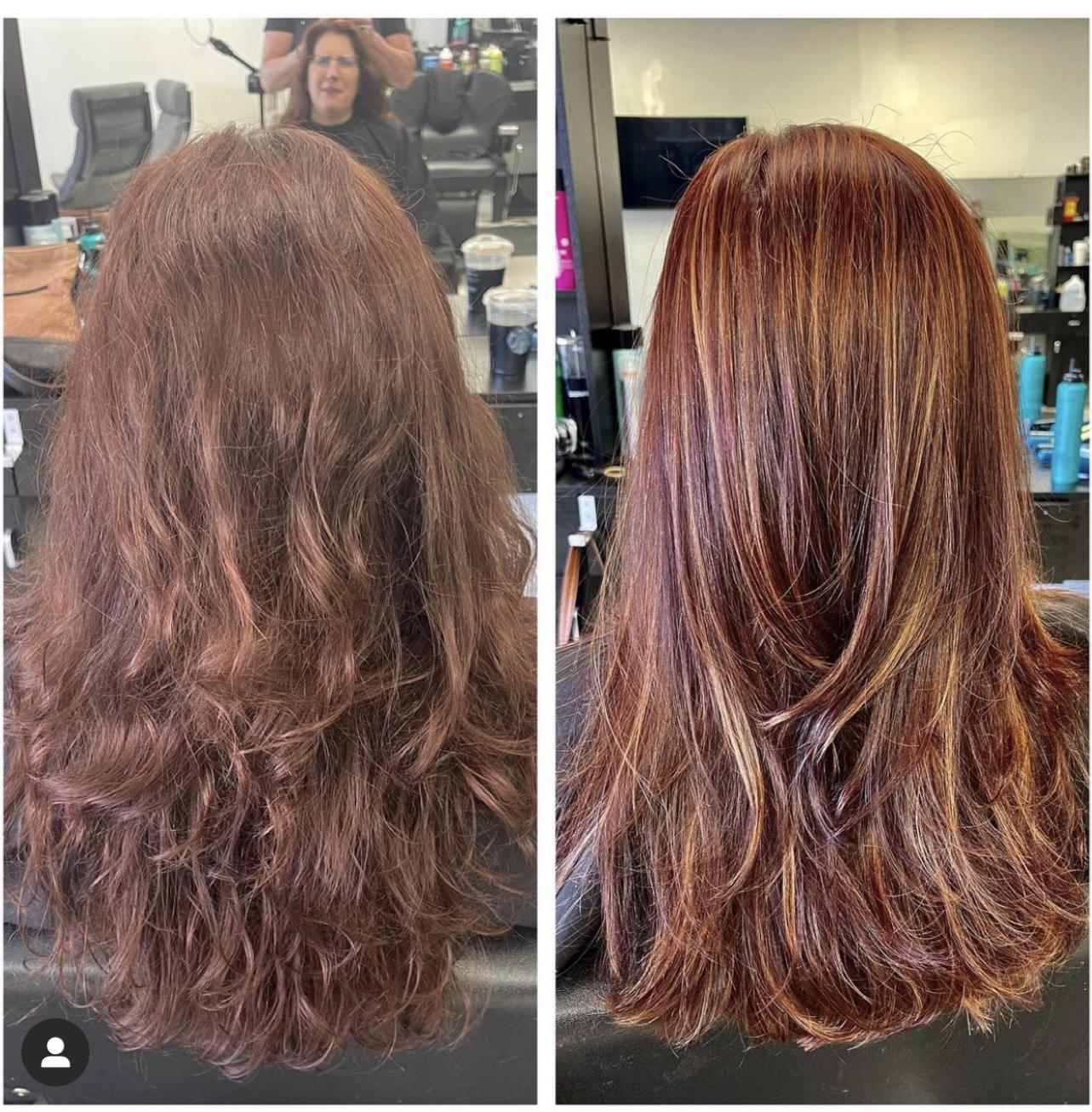 Before and after of long red hair refreshed with golden highlights, back views, by Heather at D&H Hair Company