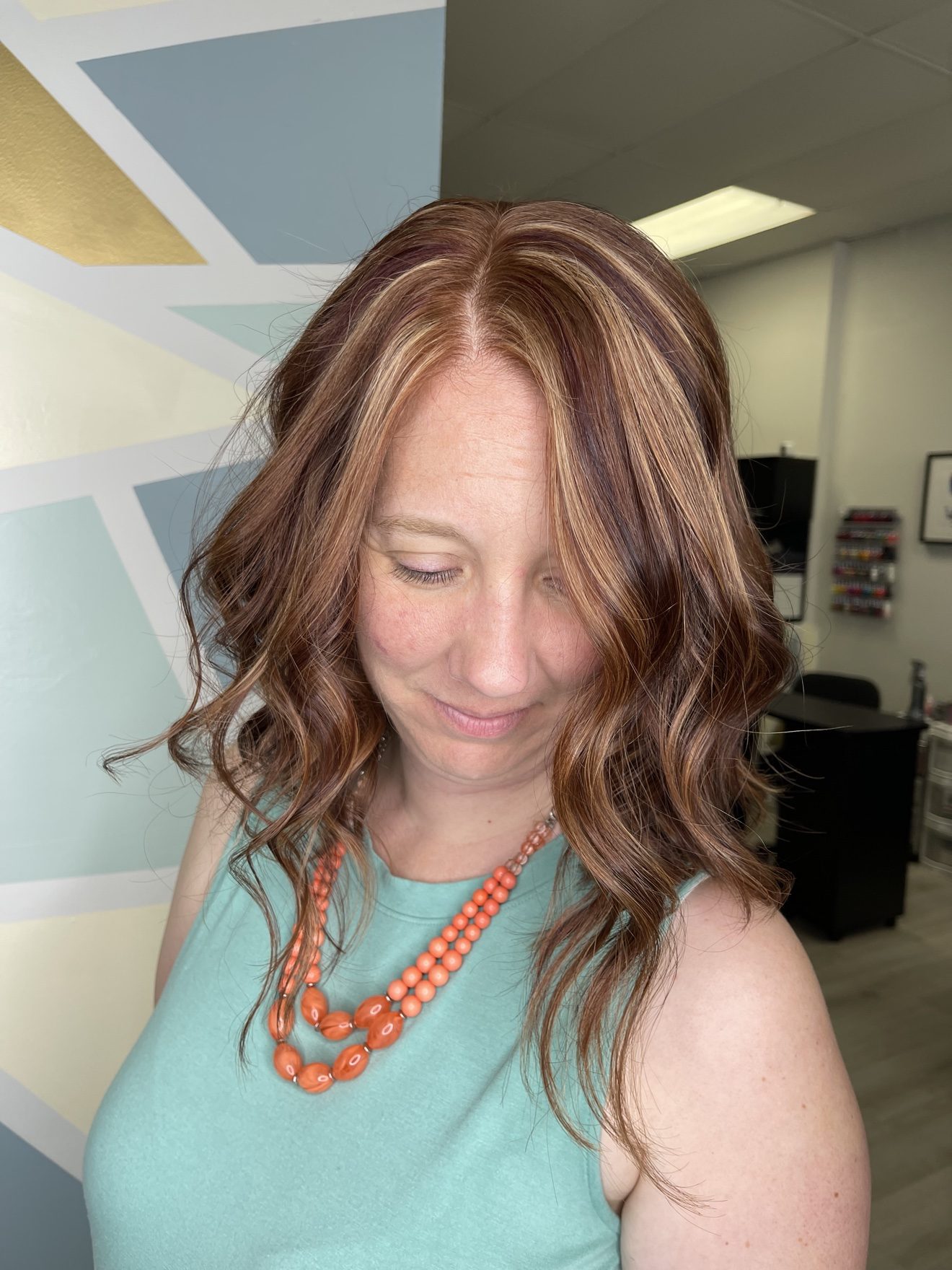 Red hair with golden highlights, front view, by Heather at D&H Hair Company