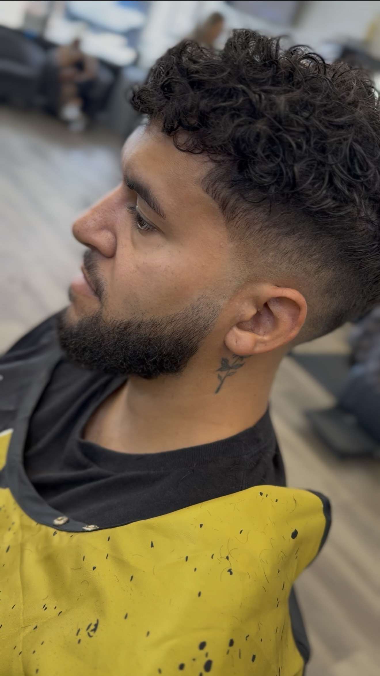 Curly top with a fade and a shaped beard, side view, by Jacob at D&H Hair Company