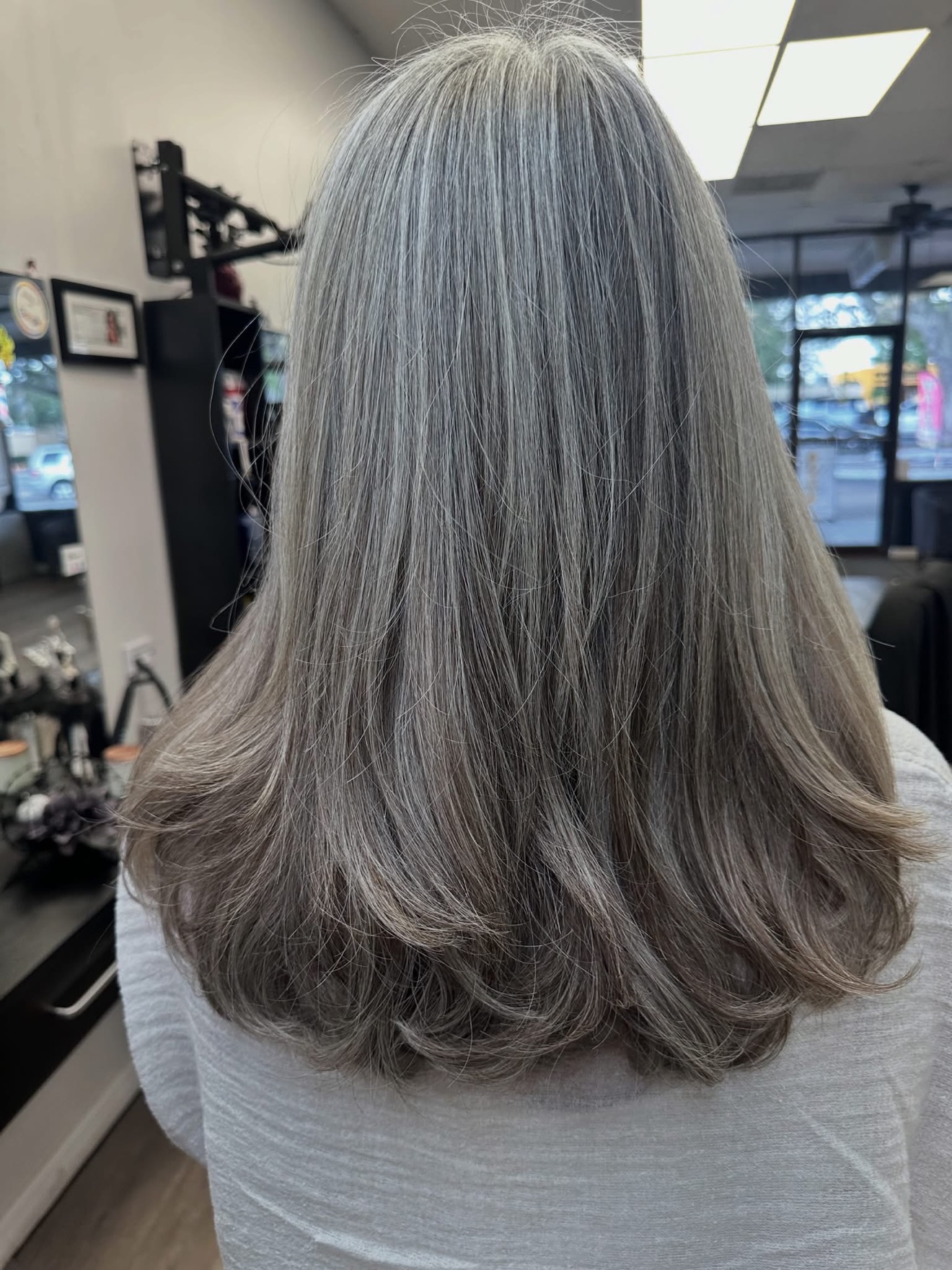 Silver grey layered cut, back view, by Lauren at D&H Hair Company