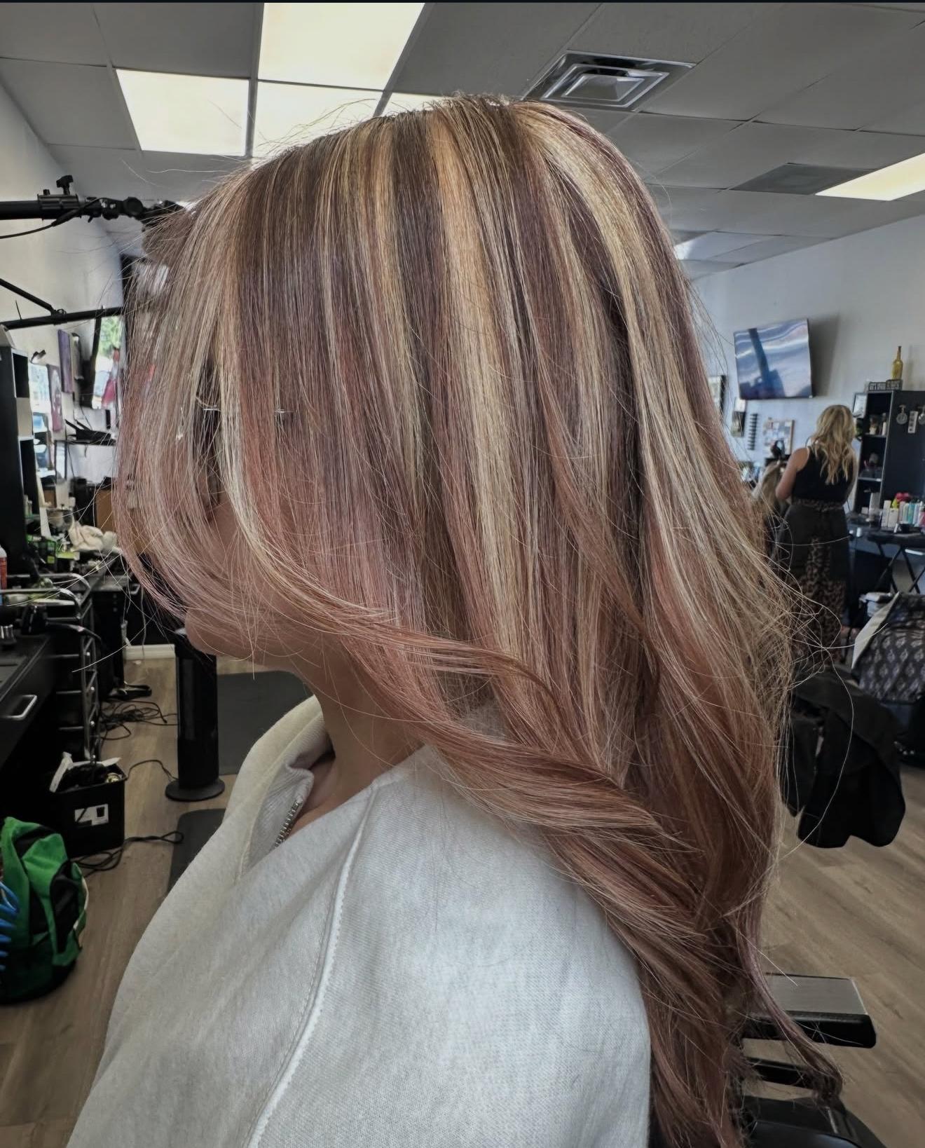 Long honey copper hair, side view, by Lauren at D&H Hair Company