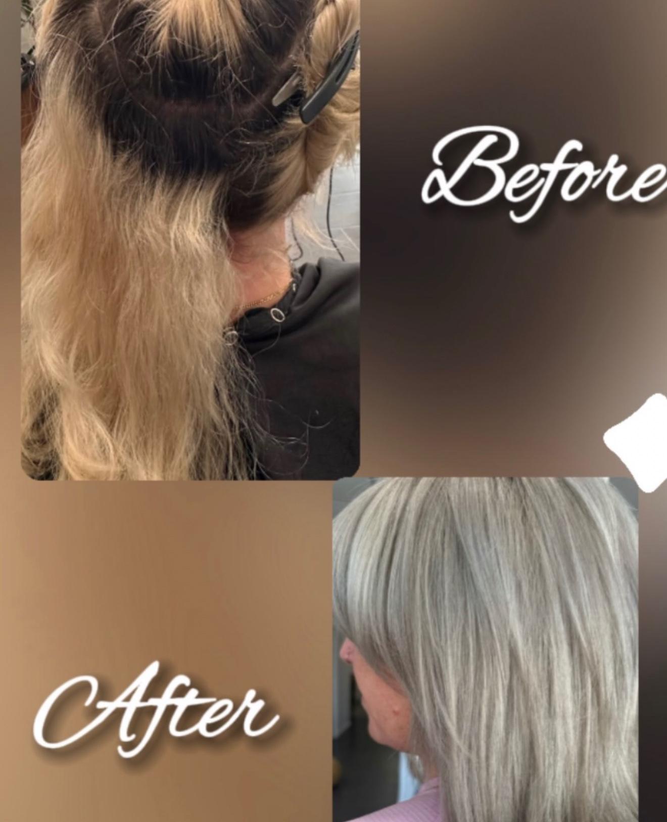 Blonde before and after transformation collage, by Lauren at D&H Hair Company