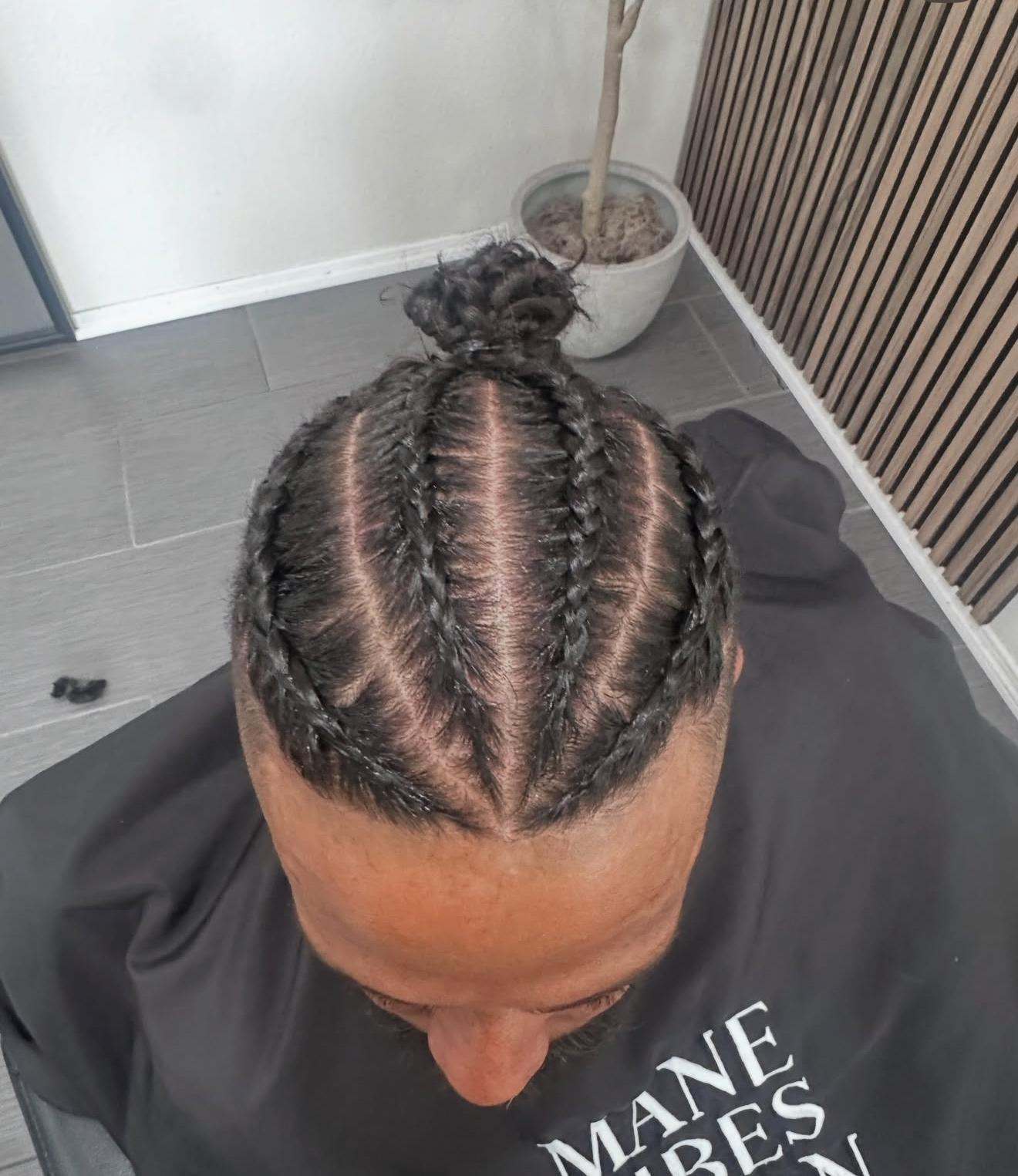 Men&rsquo;s cornrow braids, top view, by Lauren at D&H Hair Company