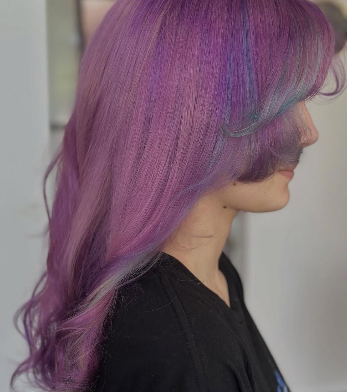 Long purple hair, side view, by Lauren at D&H Hair Company