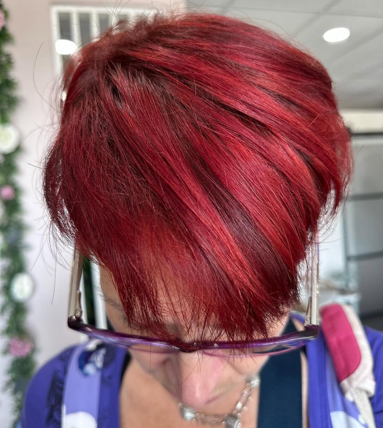 Red pixie cut, top view, by Lauren at D&H Hair Company