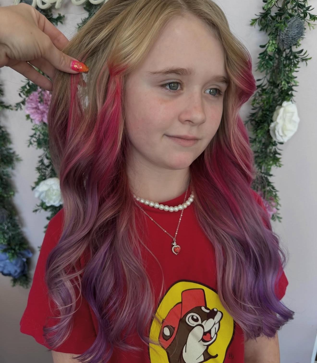 Pink to purple ombre waves, front view, by Lauren at D&H Hair Company