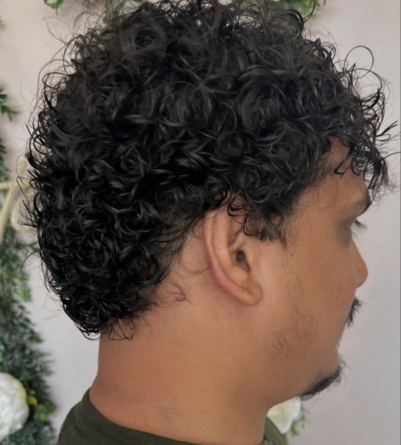 Men&rsquo;s black perm, side view, by Lauren at D&H Hair Company