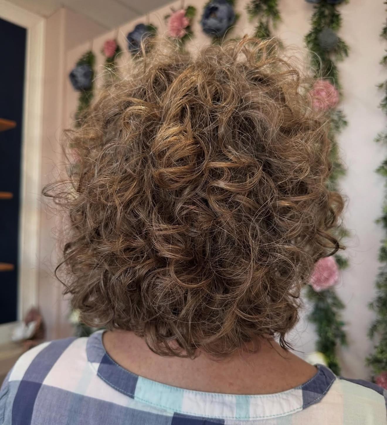 Curly bob, back view, by Lauren at D&H Hair Company