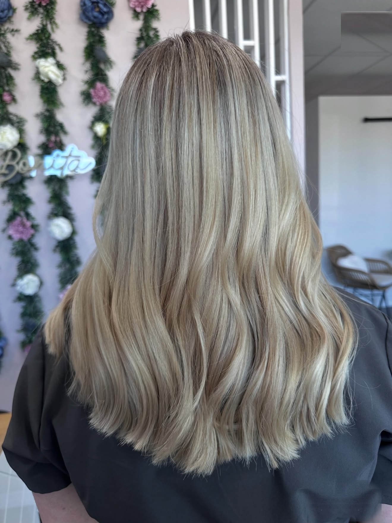 Long summer blonde hair, back view, by Lauren at D&H Hair Company