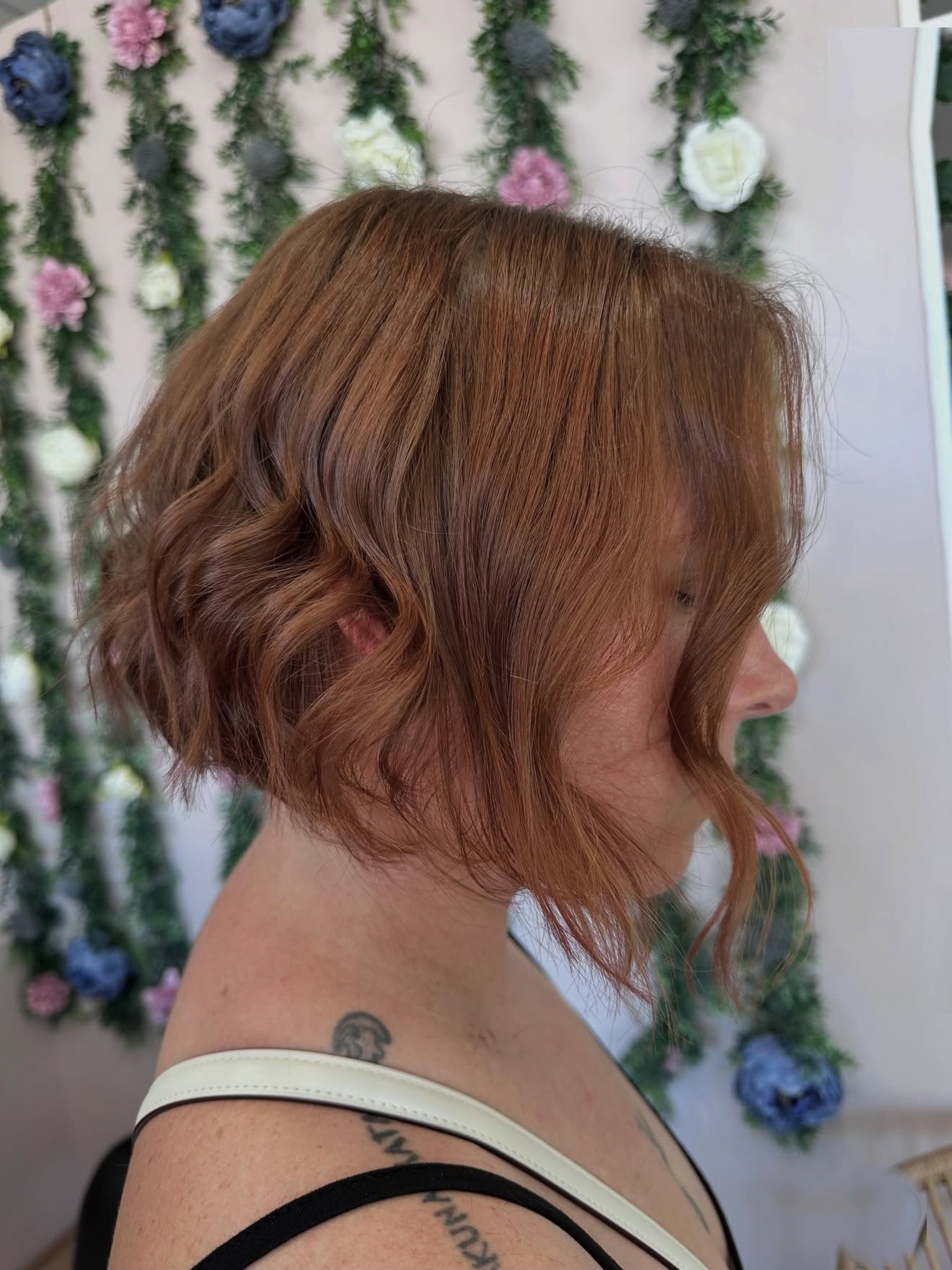 Copper angled bob, side view, by Lauren at D&H Hair Company