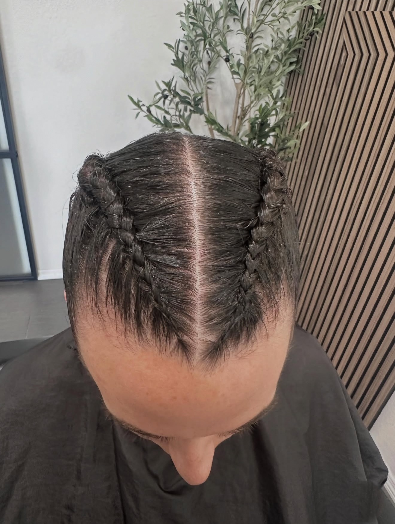 Two French braids, top view, by Lauren at D&H Hair Company